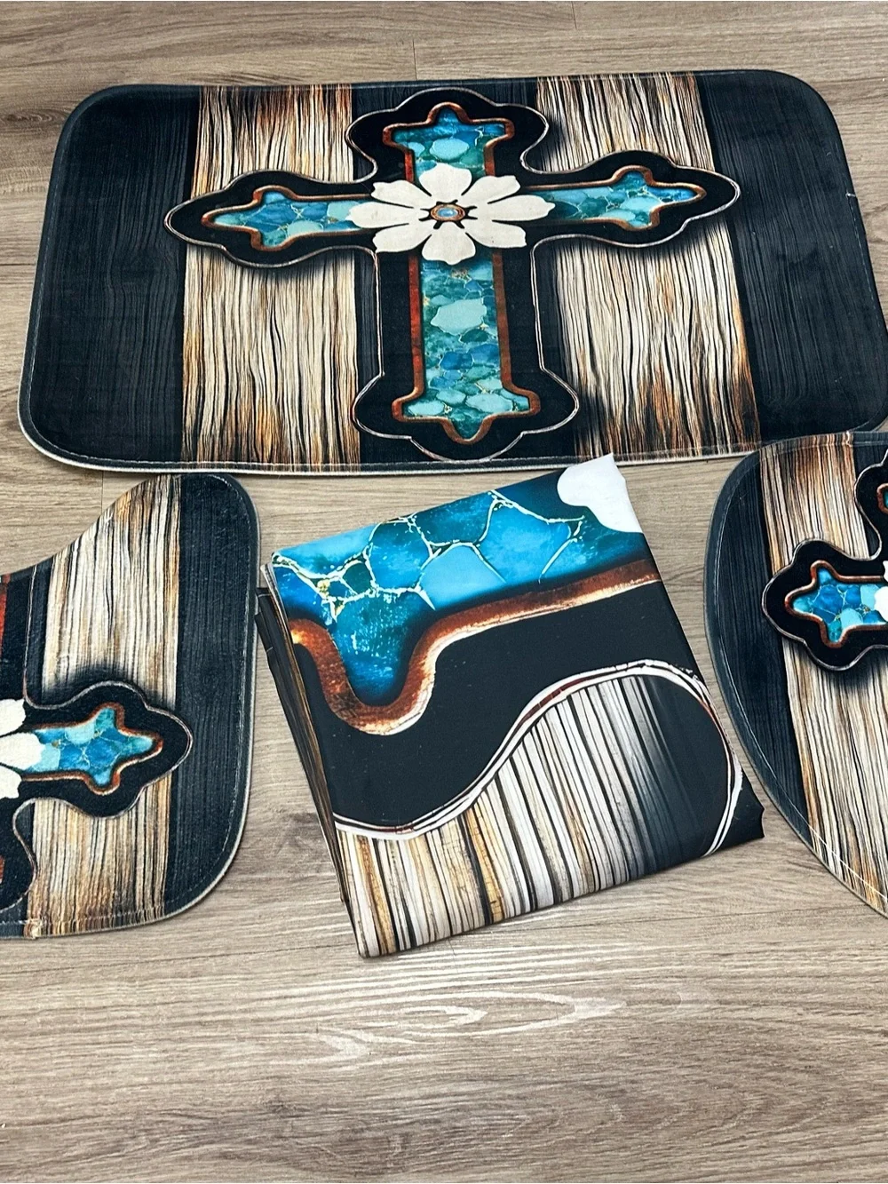 Decorative Teal Cross Bath Rug Set - Home Bath